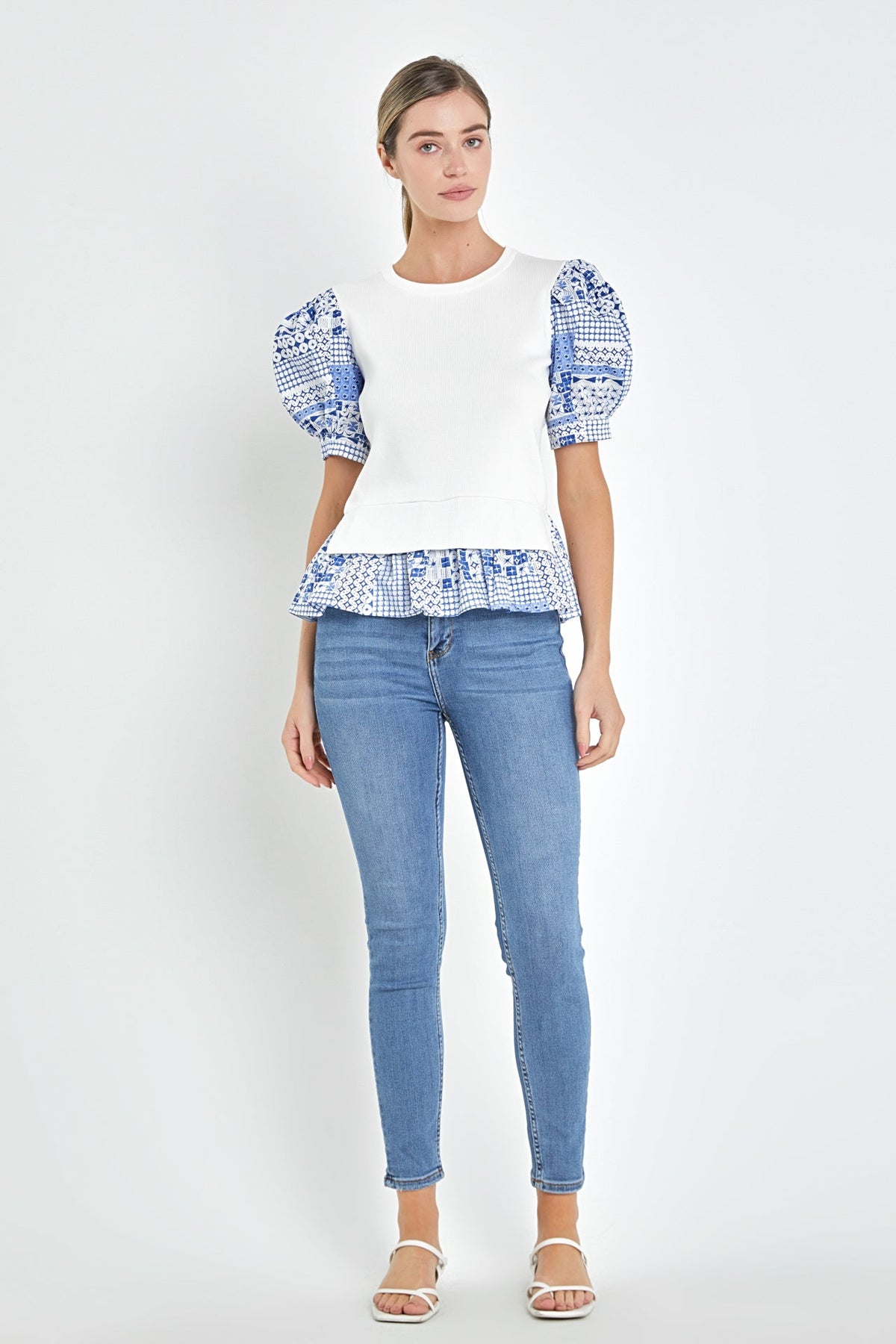 Mixed Media Floral Sleeve Knit Top