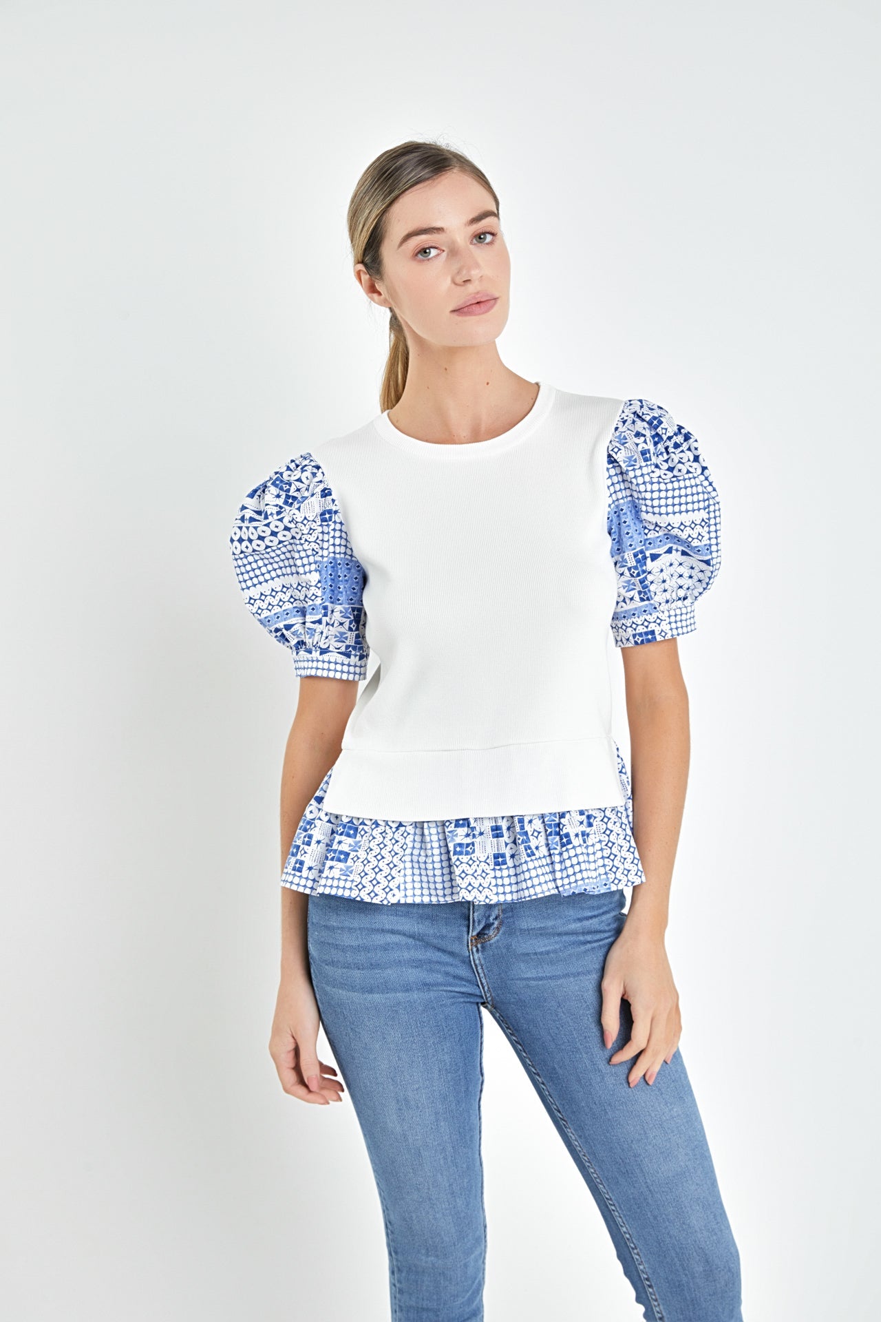 ENGLISH FACTORY - Mixed Media Floral Sleeve Knit Top - TOPS available at Objectrare