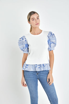 ENGLISH FACTORY - Mixed Media Floral Sleeve Knit Top - TOPS available at Objectrare