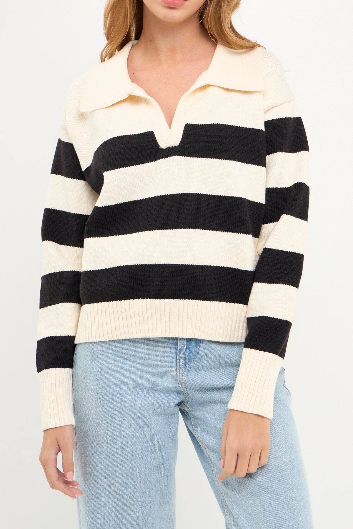 ENGLISH FACTORY - English Factory - Stripe V-neckline with Collar Sweater - SWEATERS & KNITS available at Objectrare