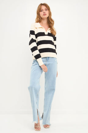 ENGLISH FACTORY - English Factory - Stripe V-neckline with Collar Sweater - SWEATERS & KNITS available at Objectrare