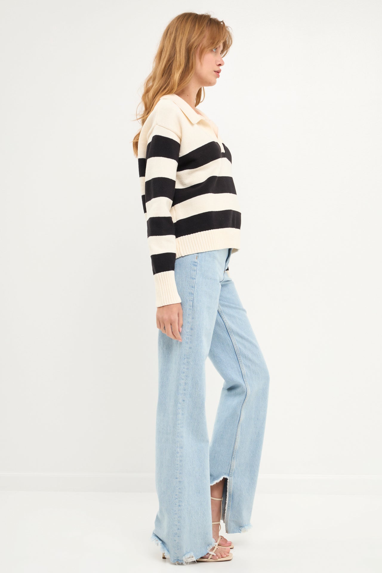 ENGLISH FACTORY - Stripe V-neckline with Collar Sweater - SWEATERS & KNITS available at Objectrare