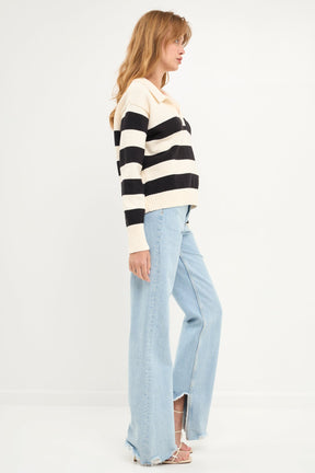 ENGLISH FACTORY - Stripe V-neckline with Collar Sweater - SWEATERS & KNITS available at Objectrare