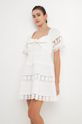 ENDLESS ROSE - Lace Trim Mini Dress with Front Bow - DRESSES available at Objectrare