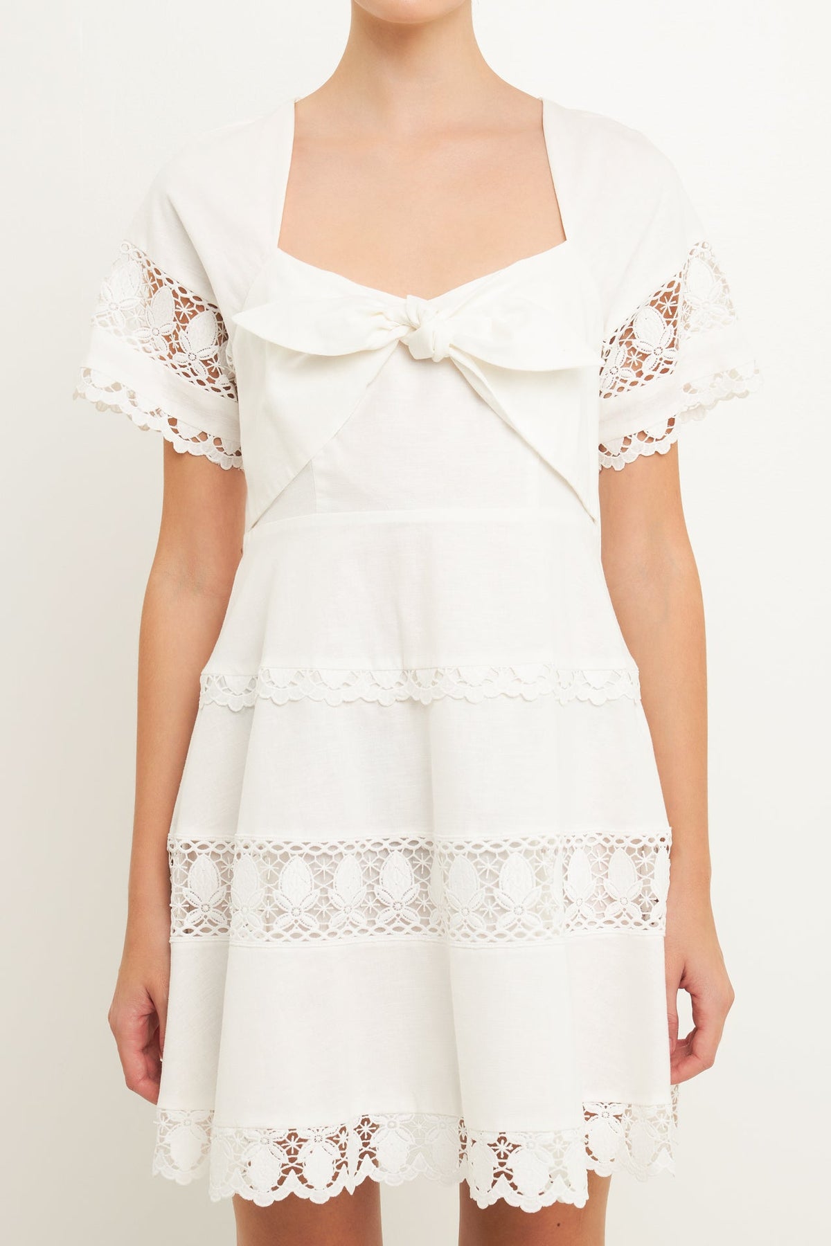 ENDLESS ROSE - Lace Trim Mini Dress with Front Bow - DRESSES available at Objectrare