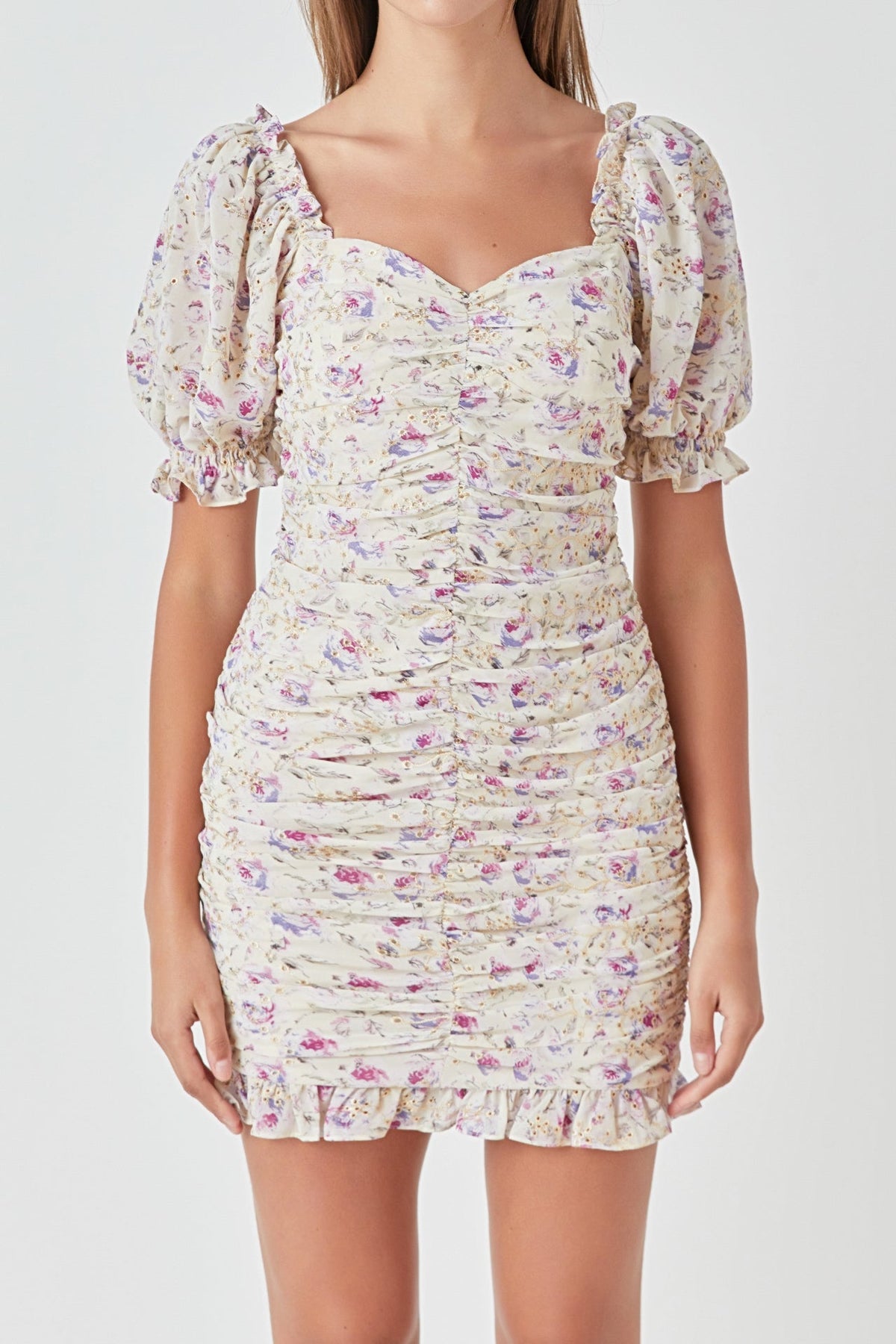 ENDLESS ROSE - Embroidery on Chiffon Shirred Mini Dress - DRESSES available at Objectrare