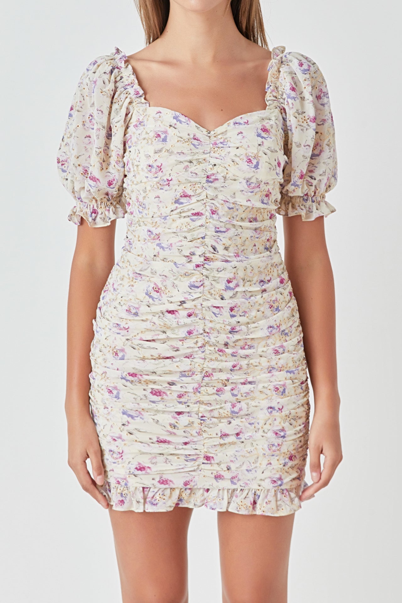 ENDLESS ROSE - Embroidery on Chiffon Shirred Mini Dress - DRESSES available at Objectrare