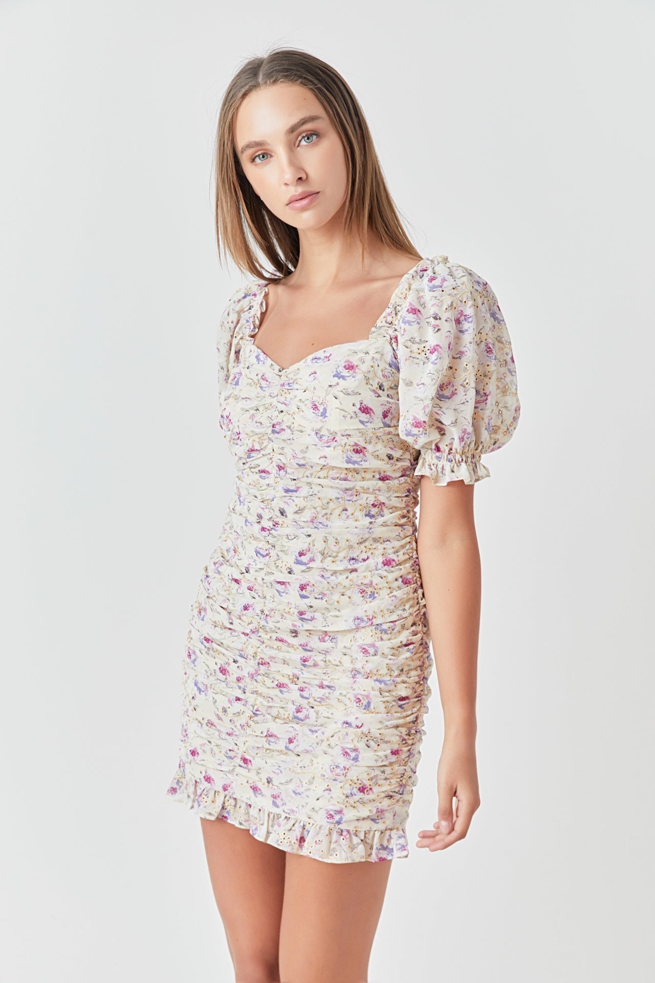 ENDLESS ROSE - Embroidery on Chiffon Shirred Mini Dress - DRESSES available at Objectrare