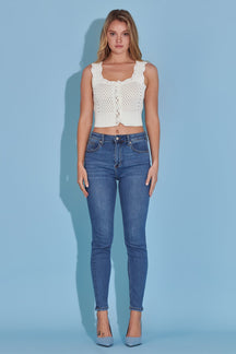 ENGLISH FACTORY - Scallop Detail Button Detail Knit Tank Top - TANK TOPS available at Objectrare