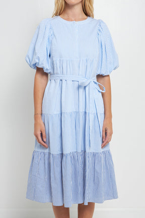 Puff Sleeve Round Neckline Midi Dress