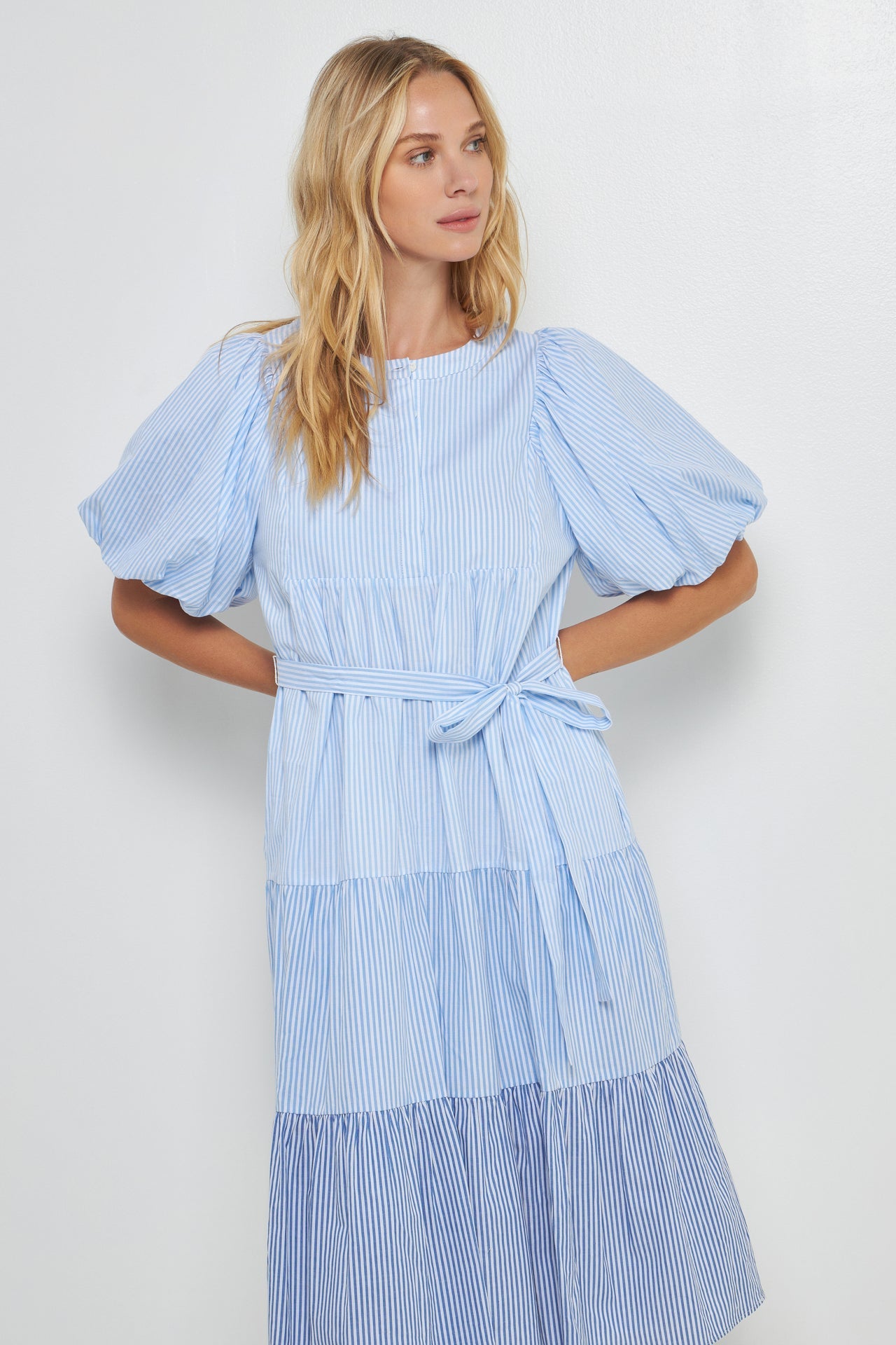 ENGLISH FACTORY - Puff Sleeve Round Neckline Midi Dress - DRESSES available at Objectrare