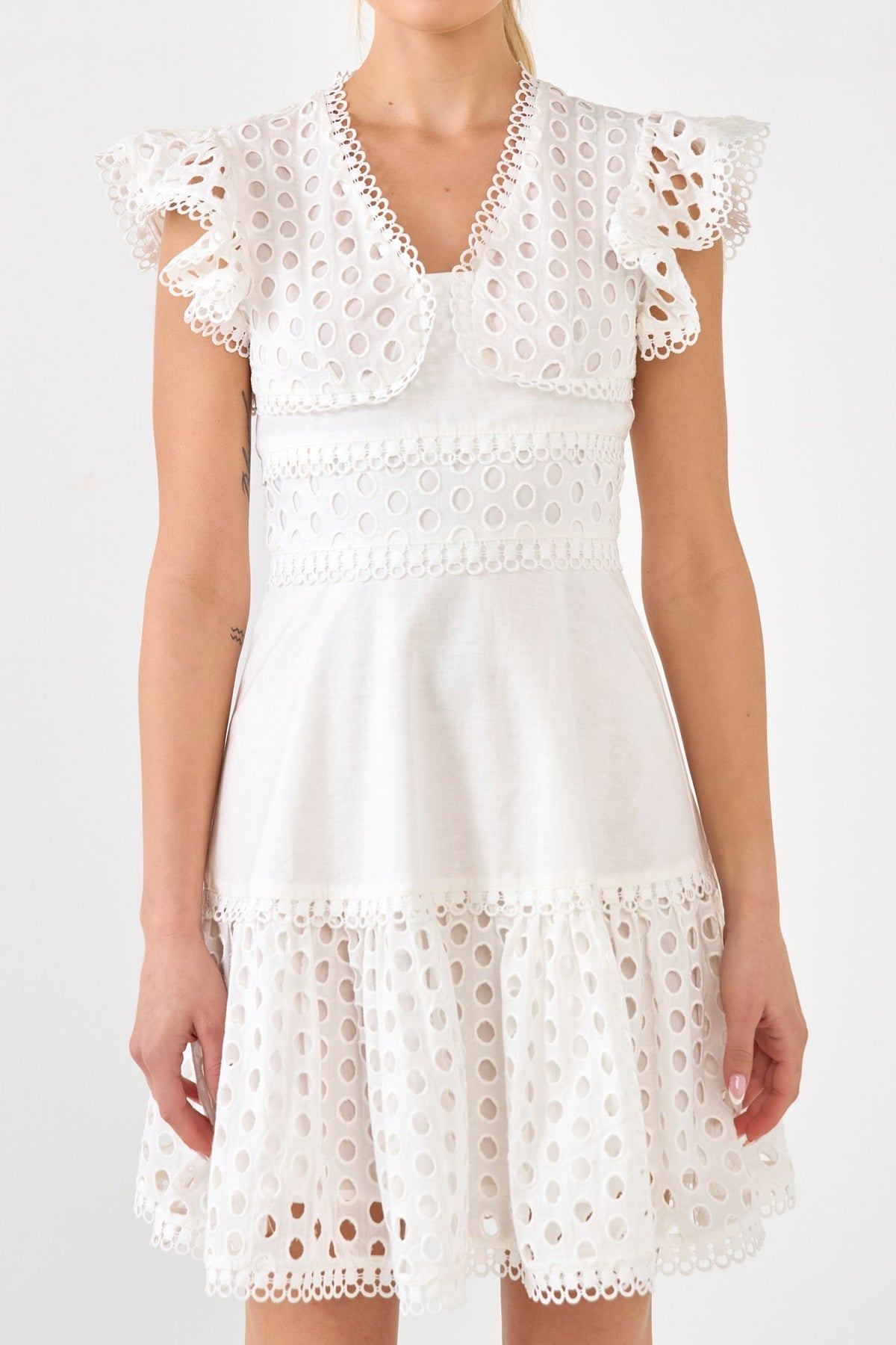 ENDLESS ROSE - Eyelet Mixed Media Mini Dress - DRESSES available at Objectrare
