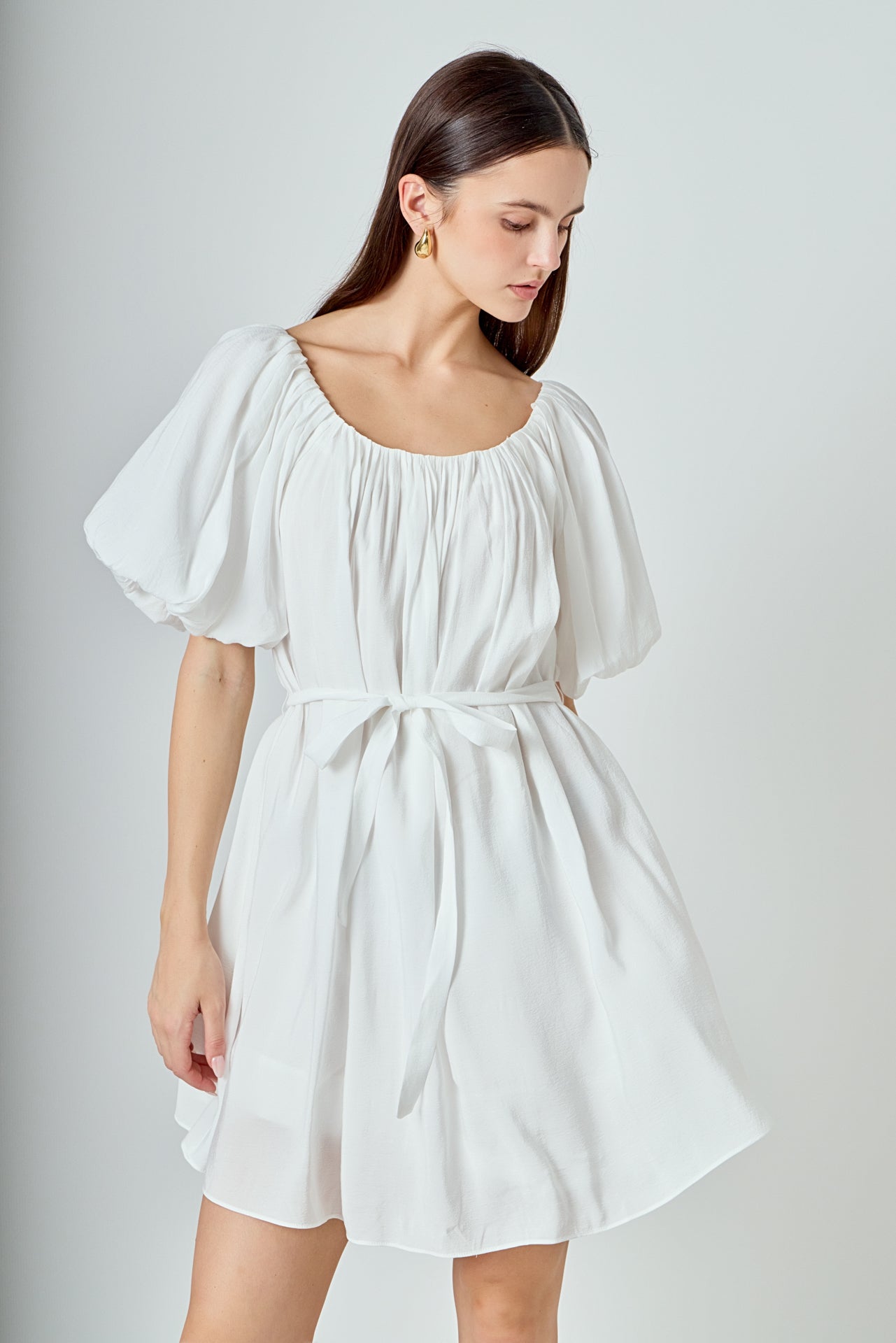 LA'VEN - Pleated Detail Puff Sleeve Mini Dress - DRESSES available at Objectrare