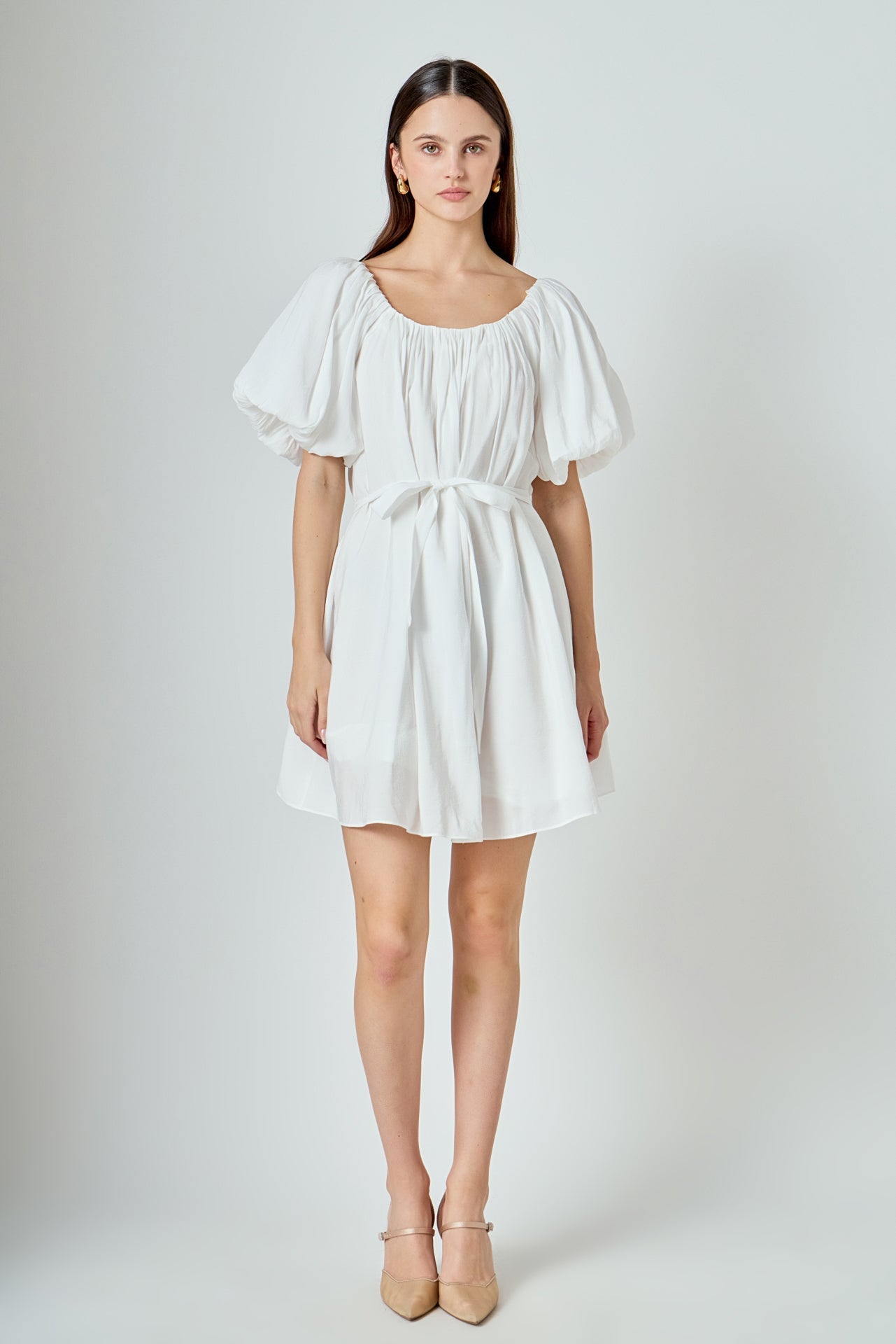 LA'VEN - Pleated Detail Puff Sleeve Mini Dress - DRESSES available at Objectrare