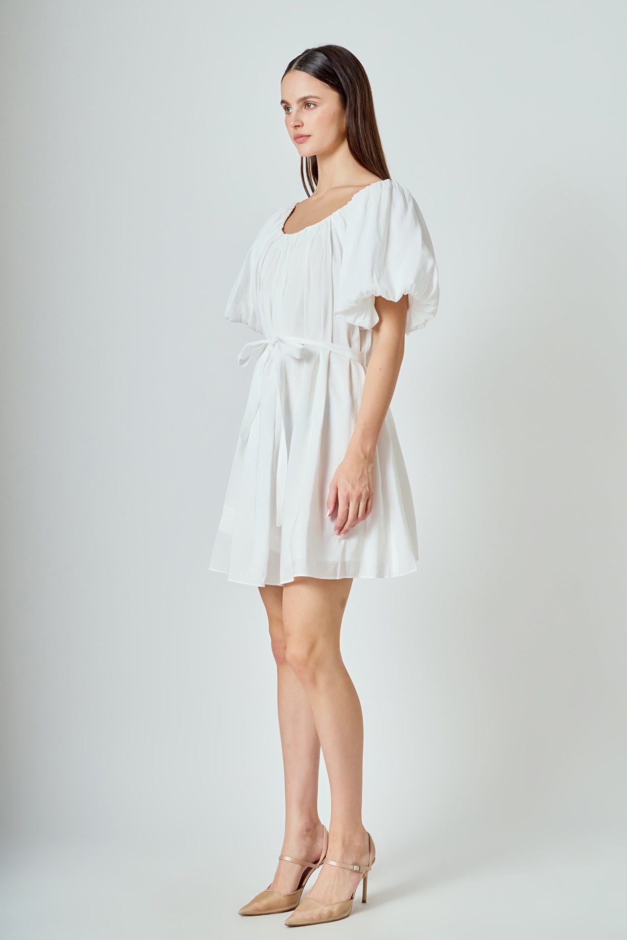LA'VEN - Pleated Detail Puff Sleeve Mini Dress - DRESSES available at Objectrare