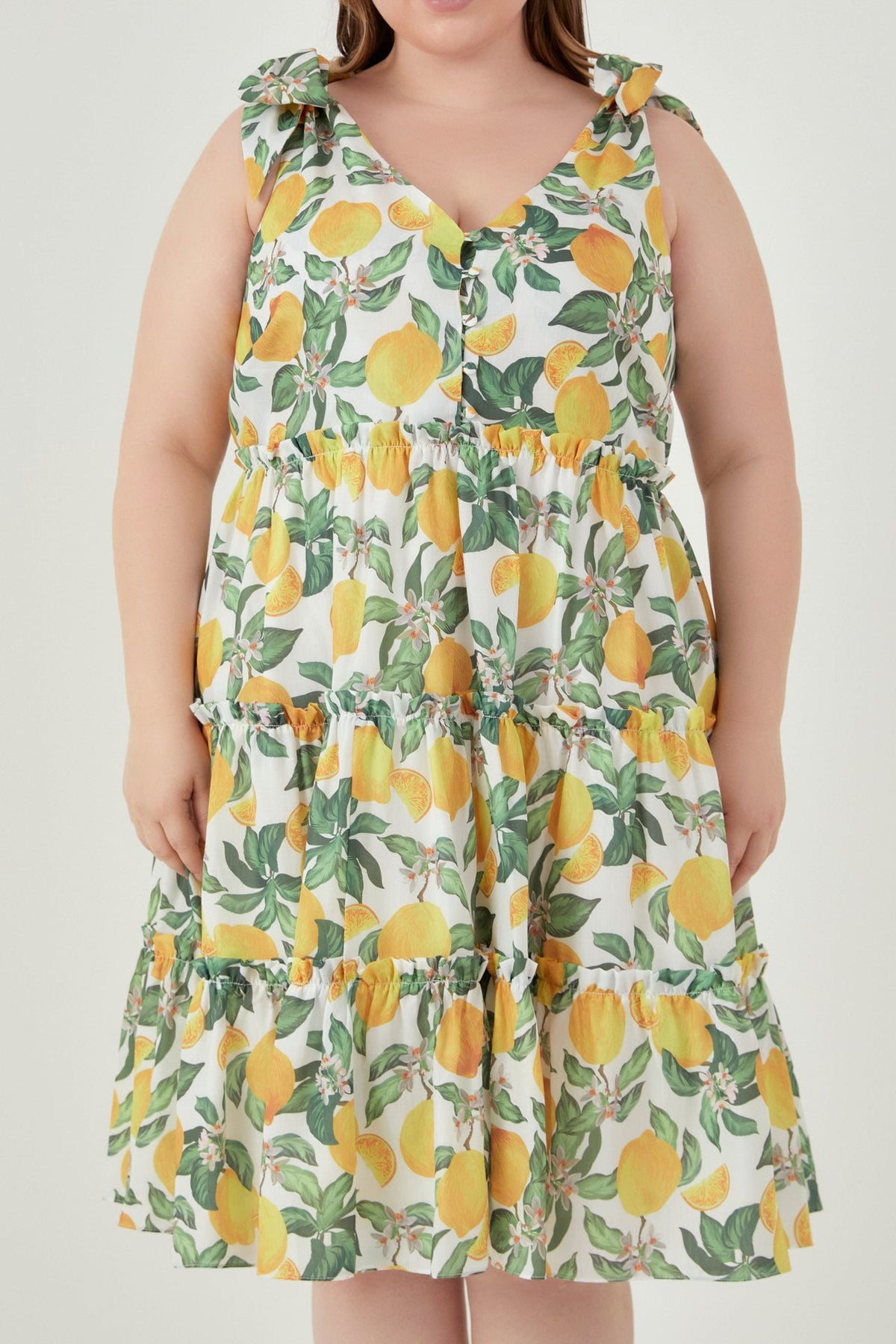 ENGLISH FACTORY - Plus Size Lemon Print Tiered Mini Dress - DRESSES available at Objectrare