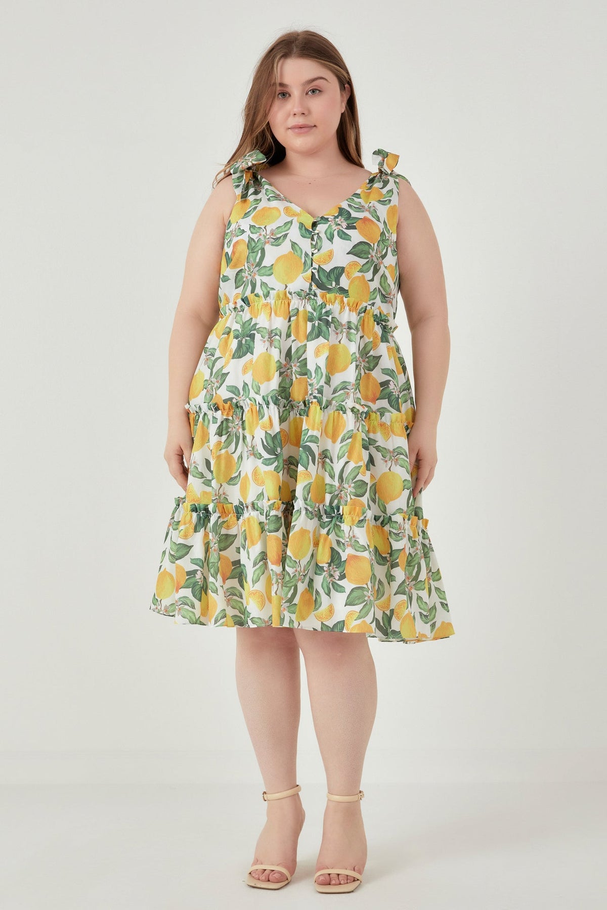 ENGLISH FACTORY - Plus Size Lemon Print Tiered Mini Dress - DRESSES available at Objectrare