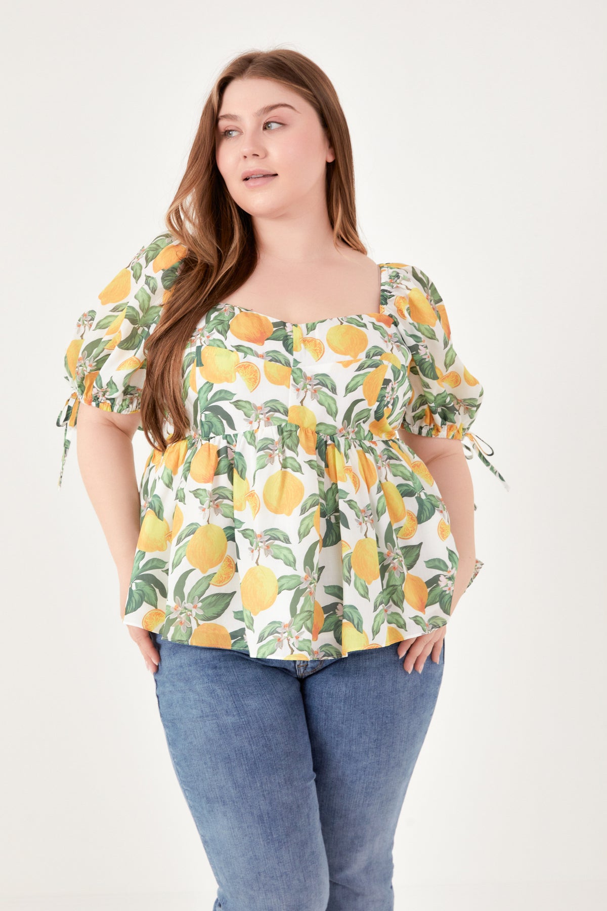 Plus Size Lemon Print Puff Sleeve Top