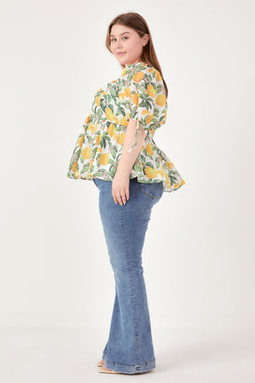 Plus Size Lemon Print Puff Sleeve Top