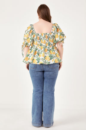 Plus Size Lemon Print Puff Sleeve Top