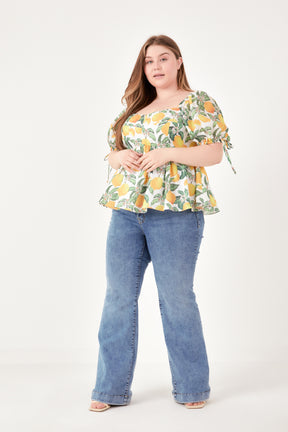 Plus Size Lemon Print Puff Sleeve Top