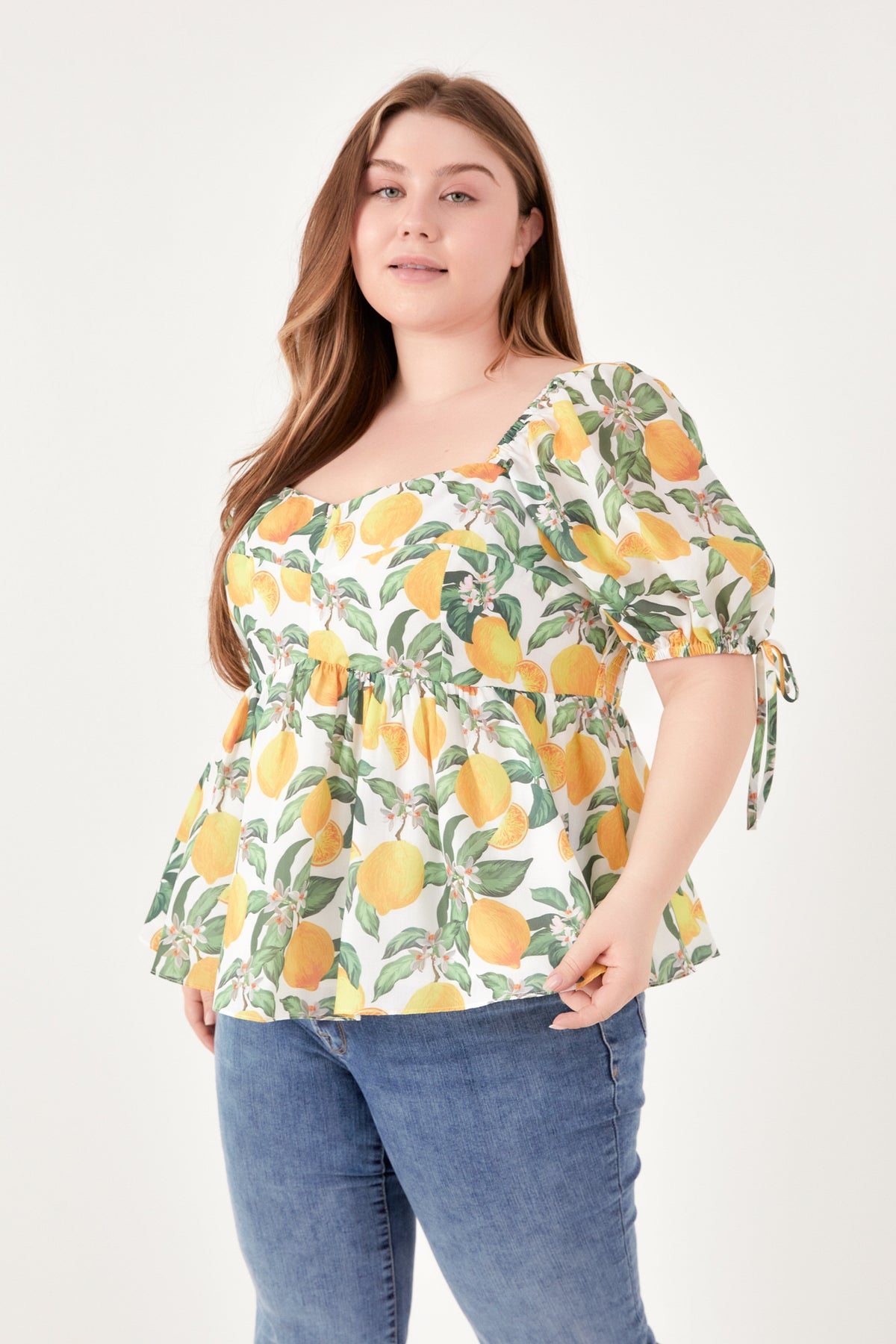 Plus Size Lemon Print Puff Sleeve Top