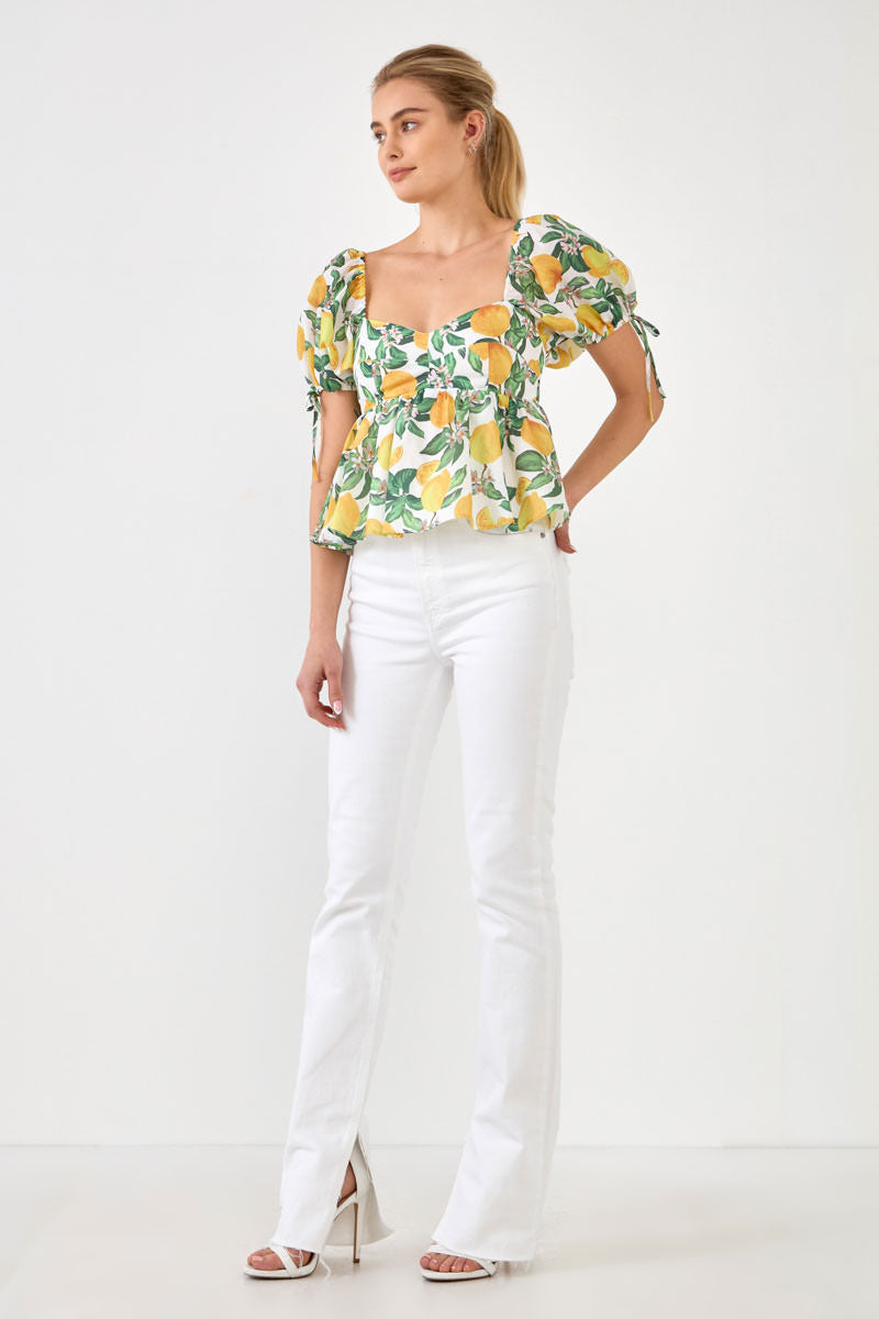 ENGLISH FACTORY - English Factory - Lemon Print Puff Sleeve Top - TOPS available at Objectrare