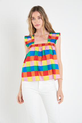 ENGLISH FACTORY - Multi Color Check Ruffle Strap Top - TOPS available at Objectrare