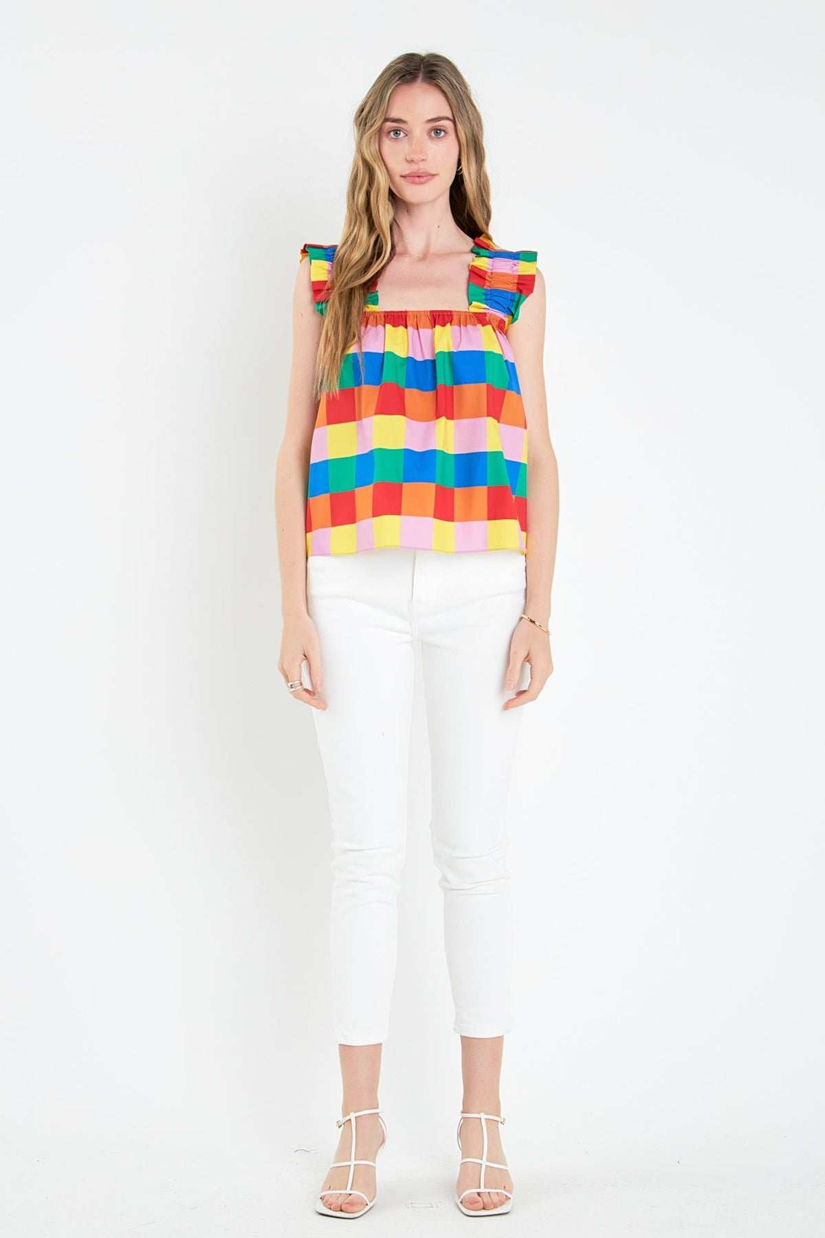 ENGLISH FACTORY - English Factory - Multi Color Check Ruffle Strap Top - TOPS available at Objectrare