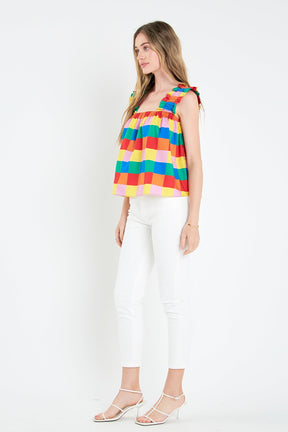 ENGLISH FACTORY - Multi Color Check Ruffle Strap Top - TOPS available at Objectrare