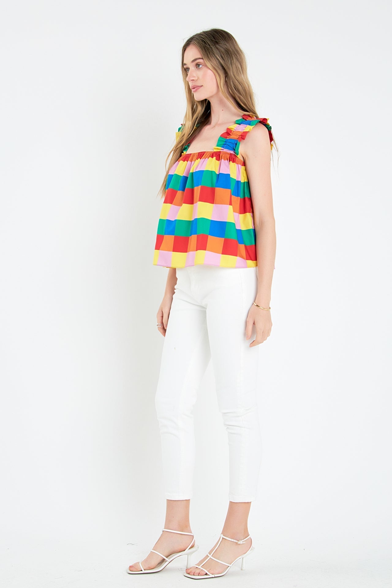 ENGLISH FACTORY - English Factory - Multi Color Check Ruffle Strap Top - TOPS available at Objectrare