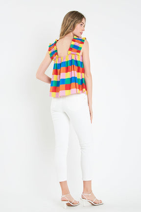 ENGLISH FACTORY - Multi Color Check Ruffle Strap Top - TOPS available at Objectrare