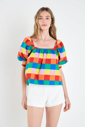 ENGLISH FACTORY - Square Neckline Puff Sleeve Checkered Top - TOPS available at Objectrare