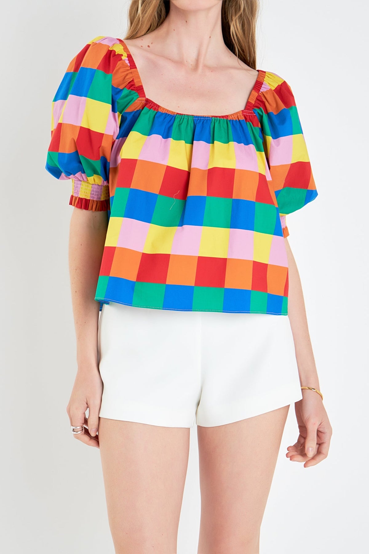 ENGLISH FACTORY - Square Neckline Puff Sleeve Checkered Top - TOPS available at Objectrare