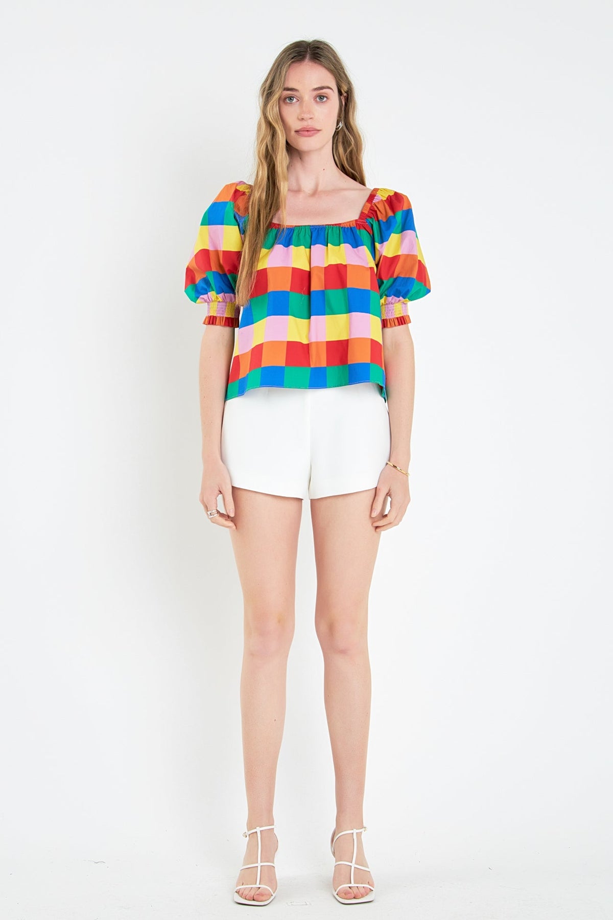 ENGLISH FACTORY - Square Neckline Puff Sleeve Checkered Top - TOPS available at Objectrare