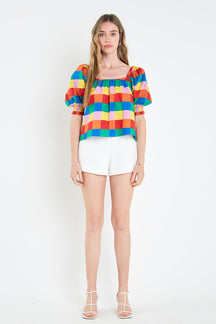 ENGLISH FACTORY - Square Neckline Puff Sleeve Checkered Top - TOPS available at Objectrare