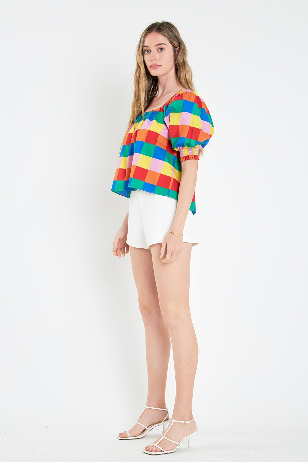 ENGLISH FACTORY - Square Neckline Puff Sleeve Checkered Top - TOPS available at Objectrare