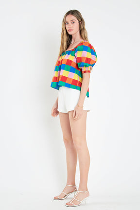 ENGLISH FACTORY - Square Neckline Puff Sleeve Checkered Top - TOPS available at Objectrare