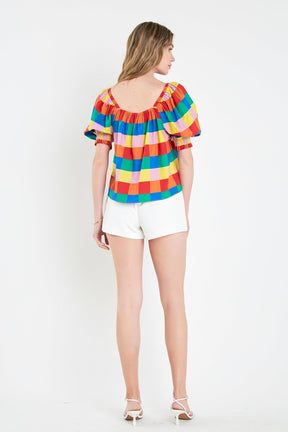 ENGLISH FACTORY - Square Neckline Puff Sleeve Checkered Top - TOPS available at Objectrare