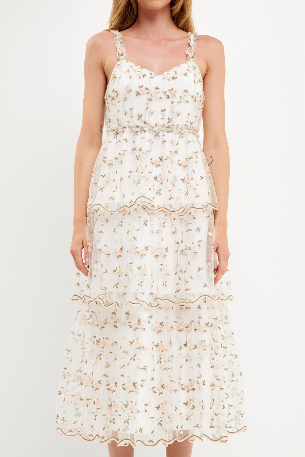 ENDLESS ROSE - Floral Embroidery Scalloped Hem Tiered Dress - DRESSES available at Objectrare