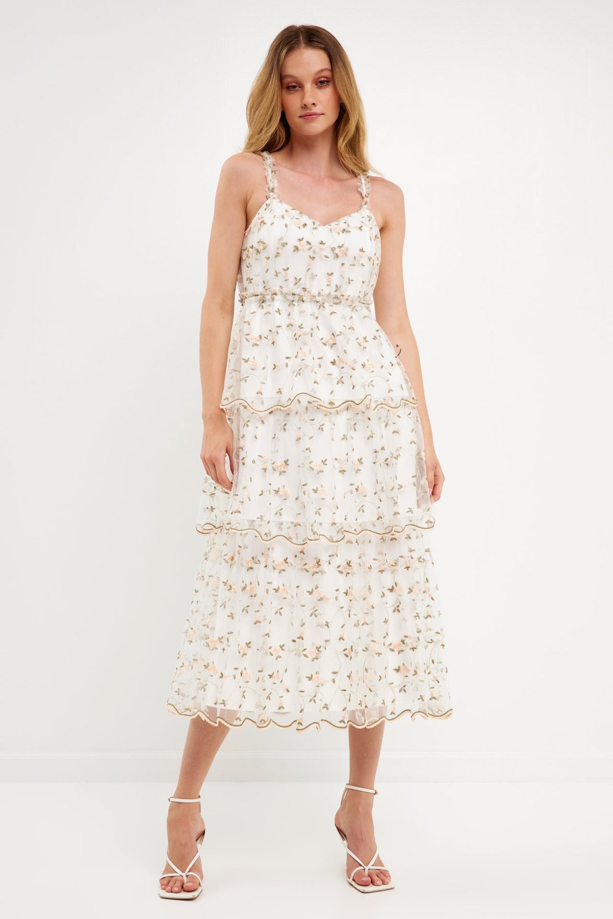 ENDLESS ROSE - Floral Embroidery Scalloped Hem Tiered Dress - DRESSES available at Objectrare