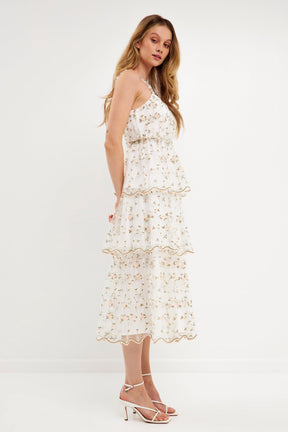 ENDLESS ROSE - Floral Embroidery Scalloped Hem Tiered Dress - DRESSES available at Objectrare