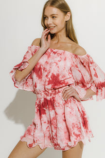 LA'VEN - Tie-Dye Ruffle Off The Shoulder Romper - ROMPERS available at Objectrare