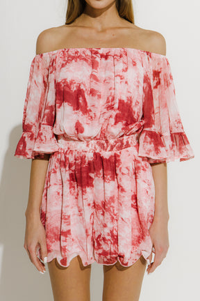 LA'VEN - Tie-Dye Ruffle Off The Shoulder Romper - ROMPERS available at Objectrare