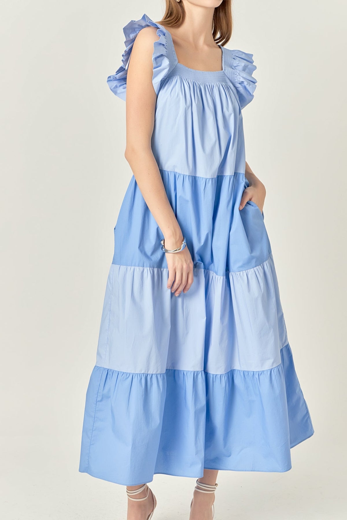 Ruffle Detail Colorblock Midi Dress