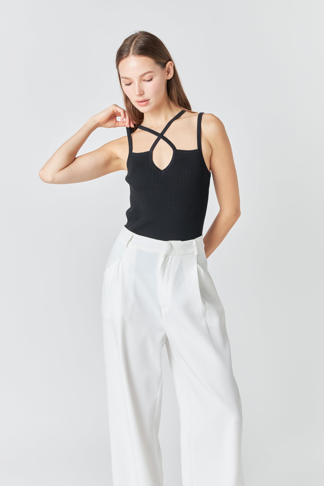 ENDLESS ROSE - Strap Detail Fitted Knit Top - CAMI TOPS & TANK available at Objectrare