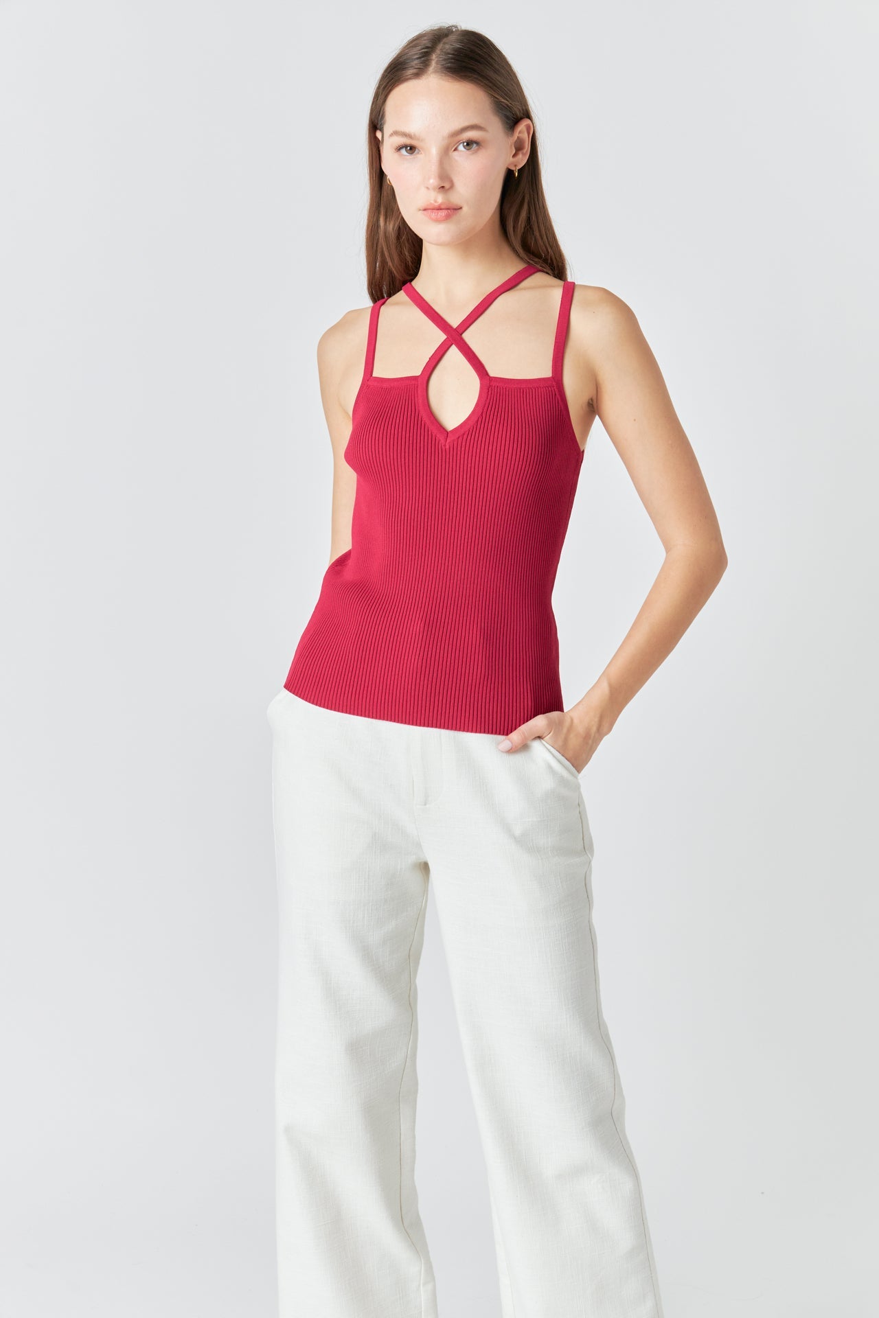 ENDLESS ROSE - Strap Detail Fitted Knit Top - CAMI TOPS & TANK available at Objectrare