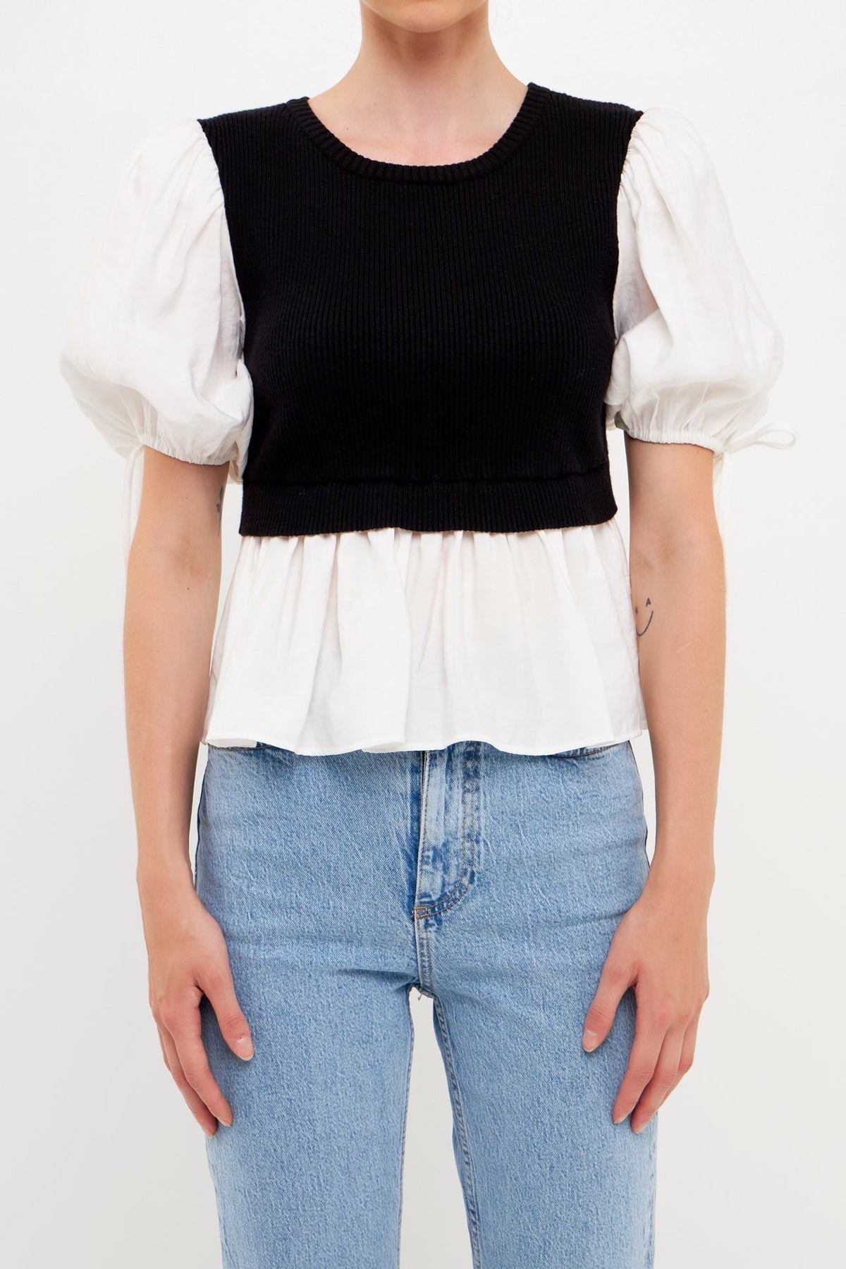 ENGLISH FACTORY - Mixed Media Puff Sleeve Knit Top - TOPS available at Objectrare