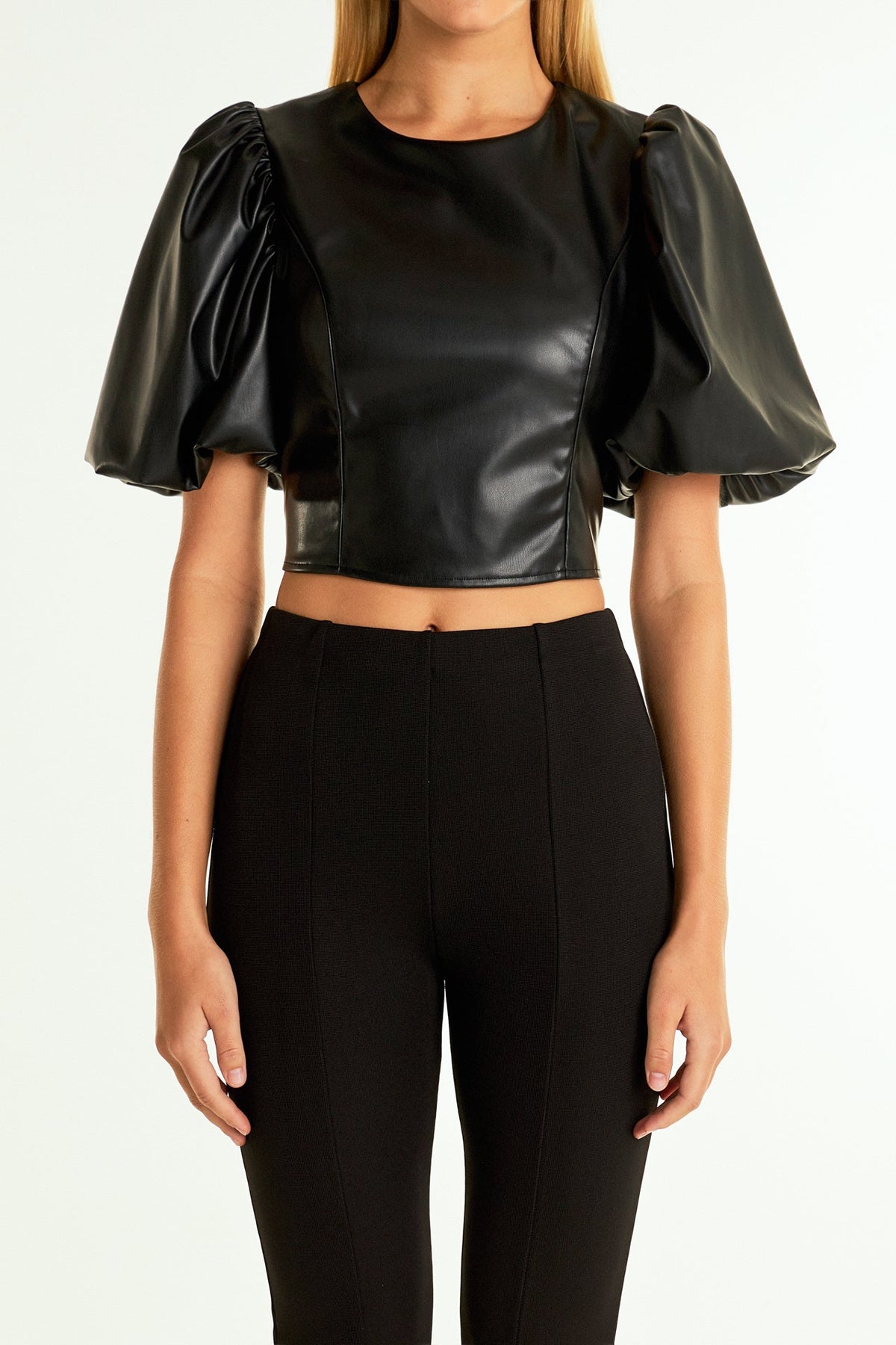 ENDLESS ROSE - Endless Rose - Pu Puff Sleeve Cropped Top - TOPS available at Objectrare