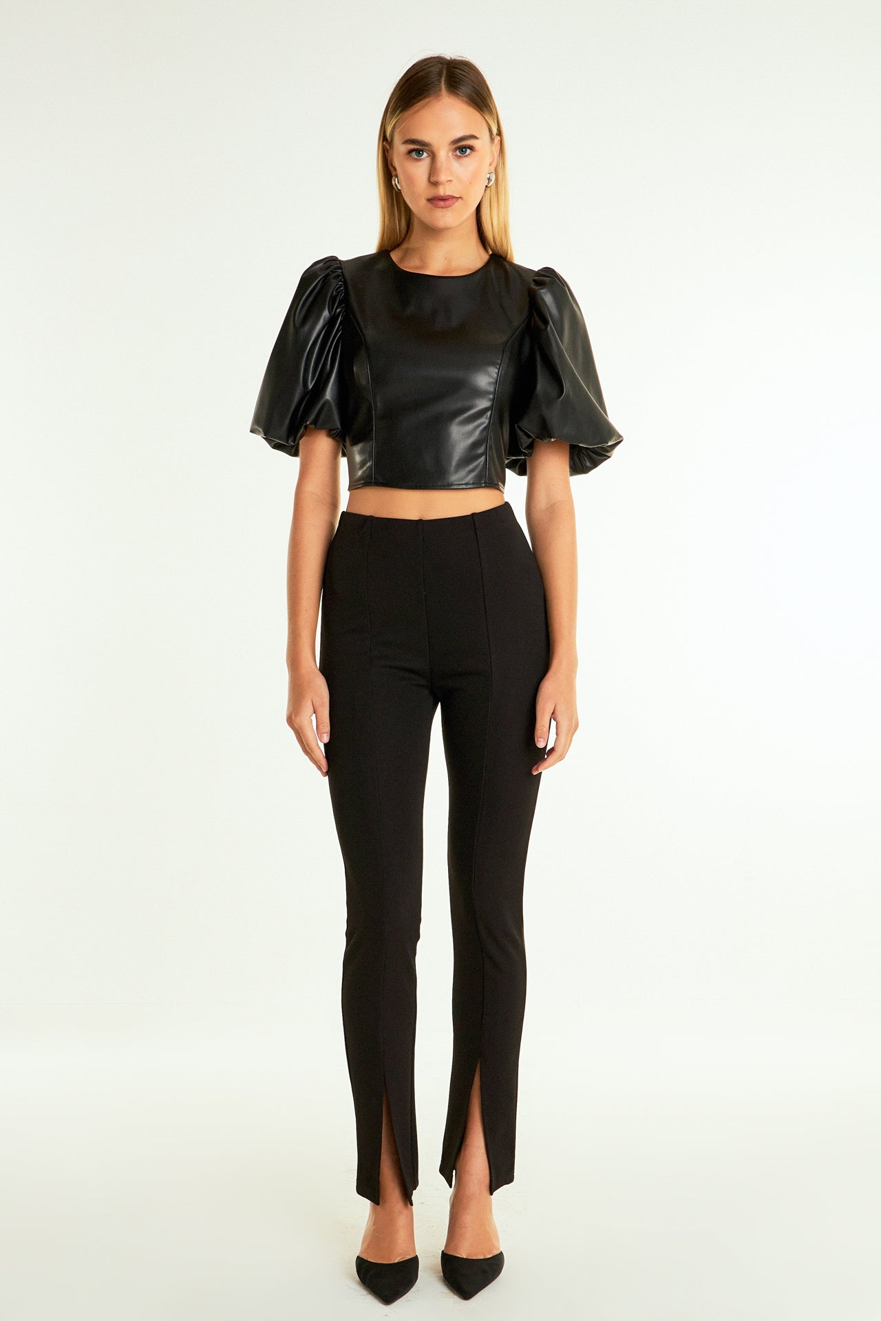 ENDLESS ROSE - Endless Rose - Pu Puff Sleeve Cropped Top - TOPS available at Objectrare